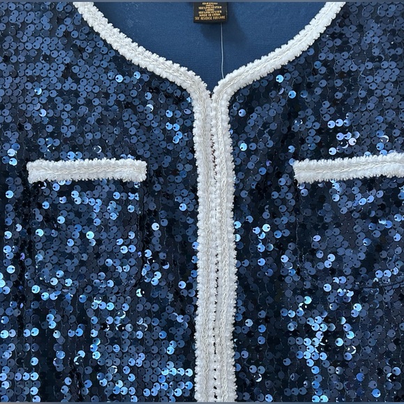 NWT Iman Global Chic Blue Sequins White Trim Jacket Blazer Cardigan Size M - Picture 6 of 13